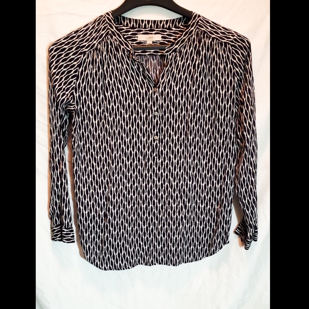 Business casual blue and white printed blouse